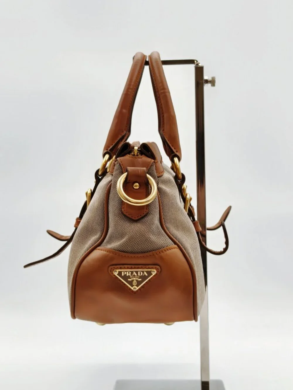 Prada Canapa Canvas Leather Satchel Handbag Brown Logo Top Handle Bag
